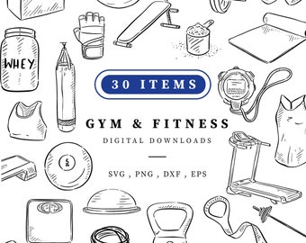 Imágenes prediseñadas de gimnasio y fitness, 30 archivos PNG SVG, DXF EPS, vectores, descarga digital instantánea, ilustración dibujada a mano, imágenes prediseñadas de pesas