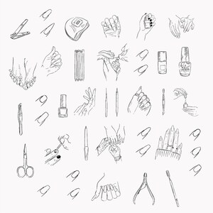 Puede incluir: Un conjunto de ilustraciones dibujadas a mano de herramientas y suministros para el cuidado de las u&ntilde;as, que incluyen corta&uacute;&ntilde;as, empujadores de cut&iacute;culas, limas de u&ntilde;as, botellas de esmalte de u&ntilde;as y manos aplicando esmalte de u&ntilde;as.