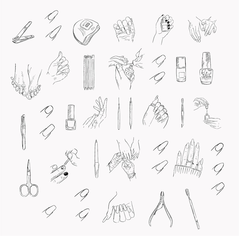 Puede incluir: Un conjunto de ilustraciones dibujadas a mano de herramientas y suministros para el cuidado de las u&ntilde;as, que incluyen corta&uacute;&ntilde;as, empujadores de cut&iacute;culas, limas de u&ntilde;as, botellas de esmalte de u&ntilde;as y manos aplicando esmalte de u&ntilde;as.