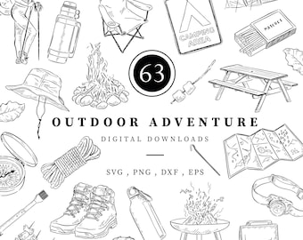 Camping Clip Art Bundle, Travel and Adventure Illustrations, Digital Download Vacation Art, Line Drawn Black & White, Hand Drawn Summer Camp