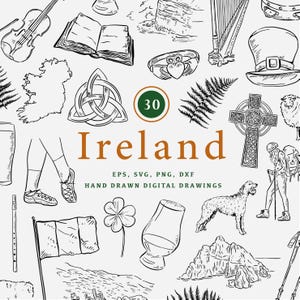 Könnte beinhalten: Eine Sammlung handgezeichneter digitaler Zeichnungen mit irischem Thema. Das Bild zeigt eine Karte von Irland, einen keltischen Knoten, ein Kleeblatt, eine Harfe, einen Koboldhut und das Wort "Irland".