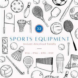 Sportowy sprzęt rysowany linią Clip Art, cyfrowy pakiet gier w piłkę, ilustracja tenisowa, sztuka piłkarska, rysunki krykieta, natychmiastowe pobieranie