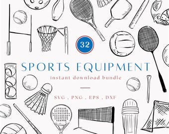 Sports Clip Art, Ball Game Drawing Bundle, Tennis SVG, Football Art, Cricket Drawings, Digital Download, Father's Day, Hand Drawn Sports