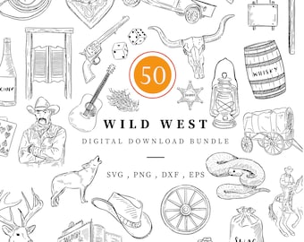 May include: Black and white line art digital download bundle with 50 Wild West themed illustrations. Includes images of a cowboy, saloon, wagon, sheriff's badge, and more. Text includes "Wild West" and "Swag".