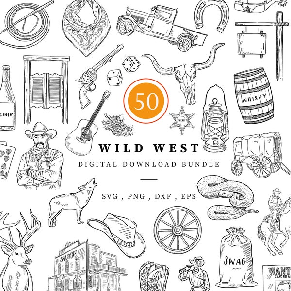 Téléchargement numérique du Far West, 50 png svg Cowboy Designs, téléchargement numérique instantané, Illustrations dessinées à la main, Doodles Clipart noir et blanc