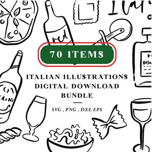 Clipart di cibo e bevande italiane, 70 file PNG, SVG, DXF ed EPS a 300 dpi, Italia, Cucina italiana, Download digitale istantaneo, Pasta