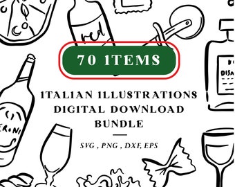 Italian Food and Drink Line Drawn Clipart, 70 Png, Svg, Dxf & Eps files at 300 dpi, Italy, Italian Cuisine Instant Digital Download, Pasta