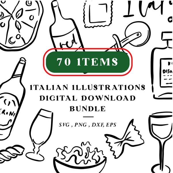 Italian Food and Drink Line Drawn Clipart, 70 Png, Svg, Dxf & Eps files at 300 dpi, Italy, Italian Cuisine Instant Digital Download, Pasta