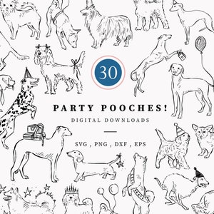 Celebration Dogs Line Drawn Clipart, 30 Png, Svg, Dxf Eps vector files, Party Pooches, Dog Lover, Dalmatian Illustration, Hand Drawn Canine