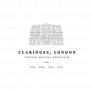 Ilustración de Claridge, dibujo lineal de descarga instantánea, ilustración vectorial de 300 ppp, lugar de boda en Londres, papelería para bodas, png, eps, svg