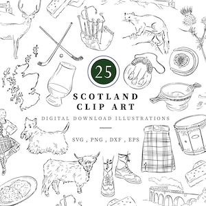 May include: A set of 25 black and white digital illustrations of Scottish cultural icons. The illustrations include a bagpipe, a kilt, a highland cow, a terrier, a whisky glass, a map of Scotland, a castle, a thistle, a sporran, a traditional Scottish hat, and a Scottish flag.