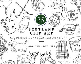 Scotland Clipart Elements, 25 Clipart Designs, Instant Digital Download, Hand Drawn Illustrations, Black and White Doodles, Highland Cow
