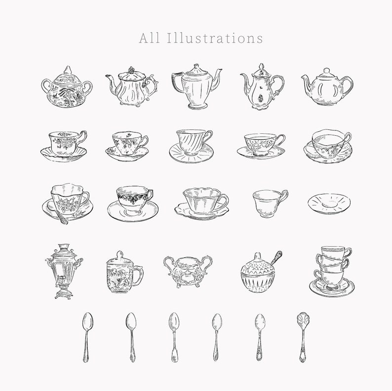 A set of hand-drawn illustrations of teacups, teapots, sugar bowls, and spoons. The illustrations are in black and white and have a vintage style.