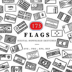 May include: A digital download set of 173 hand-drawn flag sketches. The flags are in black and white and are arranged in a random pattern. The text "FLAGS" and "DIGITAL DOWNLOAD SKETCHES" is written in black at the bottom of the image. The text "SVG, PNG, EPS, DXF" is written in black below the text "DIGITAL DOWNLOAD SKETCHES".