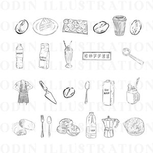 A black and white line drawing illustration of various coffee shop items, including coffee beans, a coffee cup, a coffee maker, a slice of cake, a glass of milk, a bottle of water, a bag of coffee beans, a milkshake, a spoon, a spatula, a jar, a bagel, a croissant, a fork, and a sign that says "COFFEE".