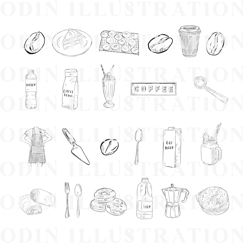 A black and white line drawing illustration of various coffee shop items, including coffee beans, a coffee cup, a coffee maker, a slice of cake, a glass of milk, a bottle of water, a bag of coffee beans, a milkshake, a spoon, a spatula, a jar, a bagel, a croissant, a fork, and a sign that says "COFFEE".