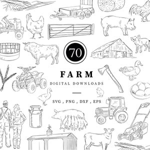 Farmyard Line Drawn Clipart, 70 Png, Svg, Dxf & Eps files, Farm Shop, Instant Digital Download Piglet, Sheep, Farm, Sheep Dog, Rooster