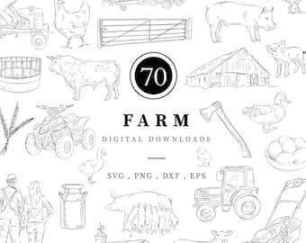 Paquete de imágenes prediseñadas de granja dibujadas a mano, 70 archivos PNG, SVG, DXF y EPS, tienda de granja, descarga digital instantánea. Cerdito, oveja, granja, perro pastor, gallo.