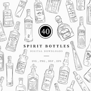 Clipart dessiné au trait bouteille spiritueux, fichiers 40 Png, Svg, Dxf et Eps à 300 dpi, menu cocktail DIY, téléchargement numérique instantané de menu bar, vodka gin