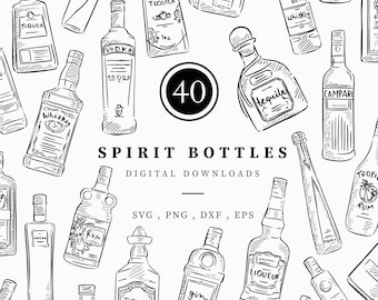 Alcohol Bottle Line Drawn Clipart, 40 Png, Svg, Dxf & Eps files at 300 dpi, DIY Cocktail Menu, Bar Menu Instant Digital Download, Vodka Gin
