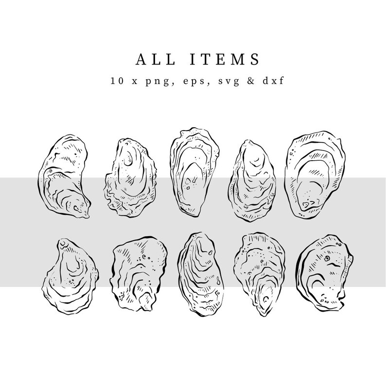 A set of ten black and white line drawings of oyster shells. The drawings are in a variety of shapes and sizes, and they are all closed.