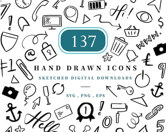 Iconos web dibujados a mano, símbolos de descarga digital, archivos PNG, SVG y EPS, bocetos sencillos, descargas instantáneas de garabatos, flechas, espirales, números.