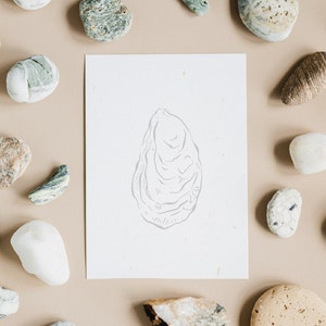 A white card with a hand-drawn illustration of an oyster shell on a beige background with various stones and pebbles scattered around the card.