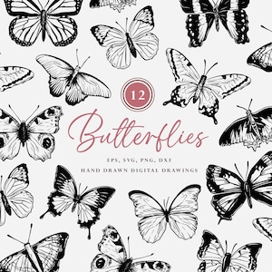 Puede incluir: Dibujos digitales dibujados a mano de mariposas en blanco y negro. La imagen incluye el texto "12 Butterflies" e información del tipo de archivo: EPS, SVG, PNG, DXX.