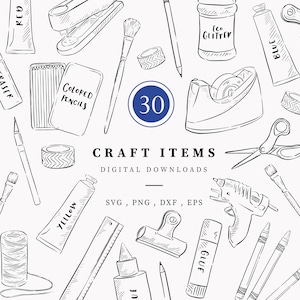 Peut inclure: Illustration en noir et blanc de divers articles de bricolage, dont des crayons de couleur, de la colle, des tubes de peinture, des ciseaux et un pistolet à colle. Le texte "CRAFT ITEMS" et "DIGITAL DOWNLOADS" sont présents. Un cercle bleu avec le chiffre "30".
