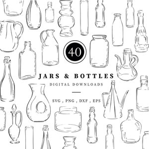 May include: A set of 40 hand-drawn vector illustrations of jars and bottles in black and white. The illustrations are perfect for crafting, scrapbooking, and digital design projects. Jars & Bottles Digital Downloads SVG, PNG, DXF, EPS