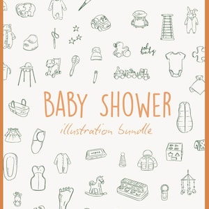 May include: A digital illustration bundle featuring a repeating pattern of dark green line-art baby icons on a light background. The central text reads BABY SHOWER illustration bundle in a light orange color, surrounded by various baby items.