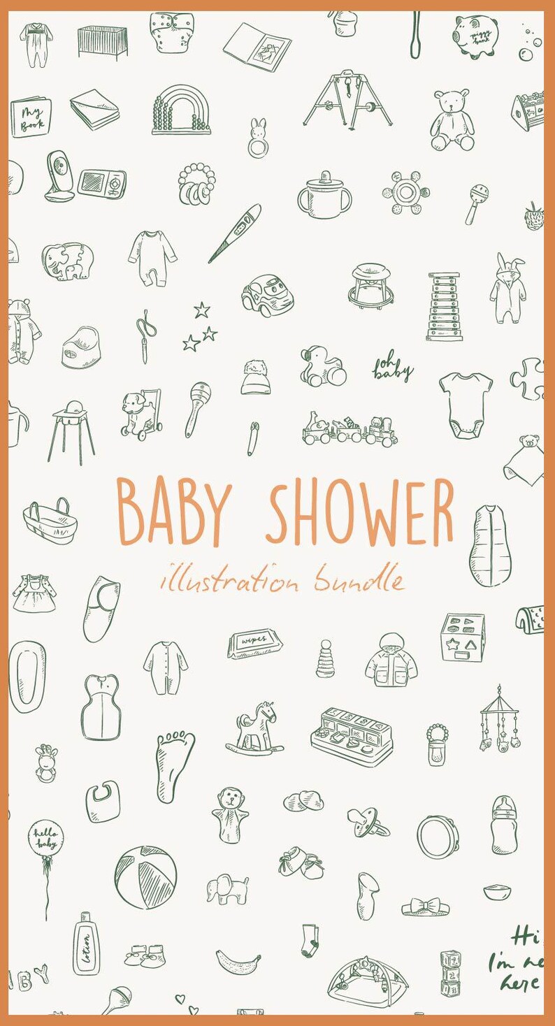 May include: A digital illustration bundle featuring a repeating pattern of dark green line-art baby icons on a light background. The central text reads BABY SHOWER illustration bundle in a light orange color, surrounded by various baby items.