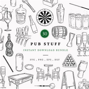 May include: A monochrome illustration featuring various pub-related objects. Includes a dartboard, beer taps, a pool table, a barrel, and the text "PUB STUFF". The image also includes the text "INSTANT DOWNLOAD BUNDLE".