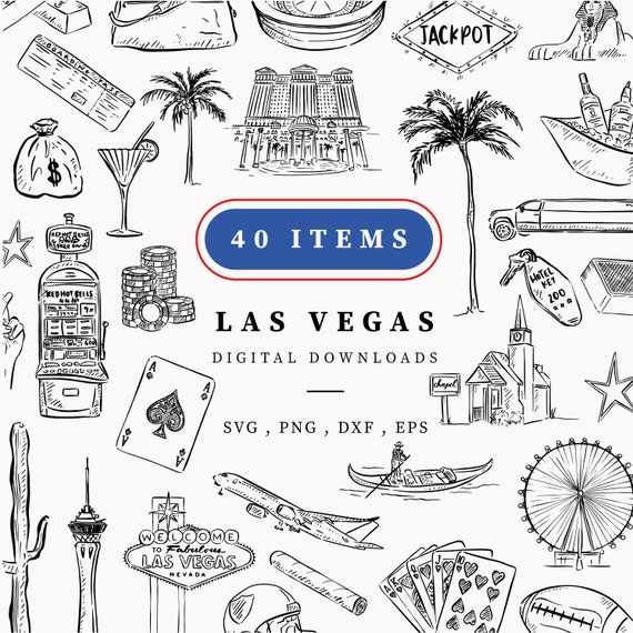 Las Vegas Clip Art Bundle, USA Digital Download Drawings, Casino Party Illustrations, Las Vegas Chapel Wedding, Hand Drawn America Doodles