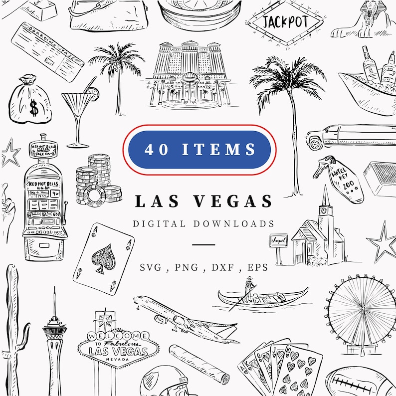 A set of 40 black and white digital illustrations of Las Vegas themed icons. The icons include a casino, slot machine, playing cards, dice, a gondola, a church, a hotel key, a limousine, a welcome to Las Vegas sign, a palm tree, a cactus, a plane, a roulette wheel, a football, a cigar, a cowboy hat, a martini glass, a bag of money, a jackpot sign, a sphinx, and a bottle of liquor.