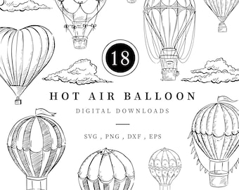 Paquete de imágenes prediseñadas de globos aerostáticos, ilustraciones dibujadas a mano, bocetos descargables, garabatos vintage, arte digital, blanco y negro, PNG, SVG, vector