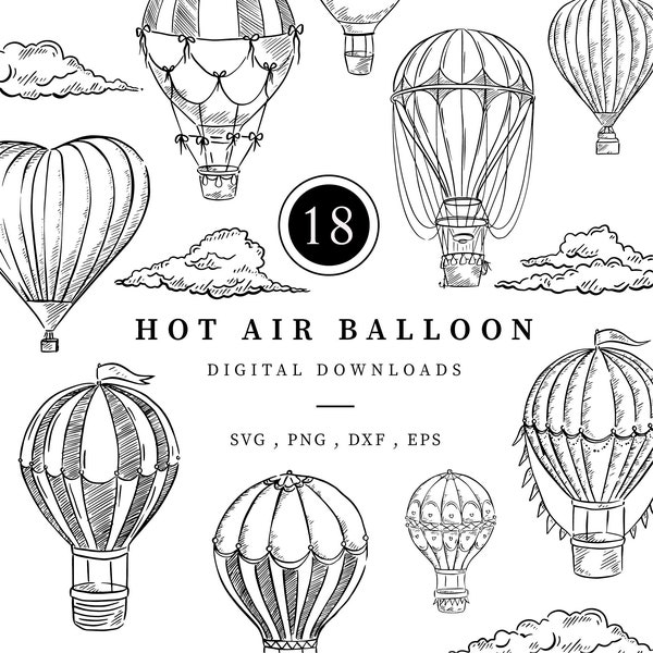 Hot Air Balloon Clipart Pack, Hand Drawn Illustrations, Downloadable Sketch, Vintage Doodles, Digital Art, Black and White, PNG, SVG, Vector