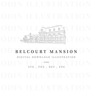 Belcourt Mansion Ilustración dibujada a mano, dibujo de línea de descarga digital instantánea, dibujo vectorial, lugar americano, boda de bricolaje, png, archivo svg
