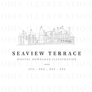Seaview Terrace Clip Art, Ilustración de la mansión de EE. UU., Dibujo de línea de descarga instantánea, Ilustración vectorial, Lugar americano, Boda DIY