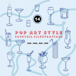 Pop Art Cocktail Illustrations, Digital Download, Line Drawn Clip Art, DIY Wedding Bar Menu, Glasses Instant Download Art, Champagne, Shots