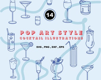 Pop Art Cocktail Illustrationen, digitaler Download, Linie gezeichnet Clip Art, DIY Hochzeit Bar Menü, Gläser Sofortiger Download Kunst, Champagner, Shots