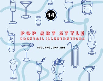 Illustrations de cocktails pop art, téléchargement numérique, clipart dessiné au trait, menu de bar de mariage bricolage, verres téléchargement immédiat art, champagne, photos