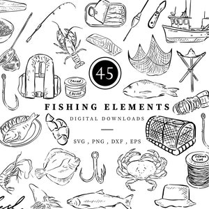 Fishing Line Drawn Clipart, 45 Png, Svg, Dxf & Eps vector, Fishing Illustrations, Black and White Line Drawn Sardines, Digital Download