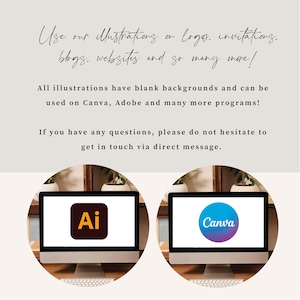 Image showing two computer monitors with the Adobe Illustrator and Canva logos. The text above mentions using the illustrations on logos, invitations, blogs, and websites. The illustrations have blank backgrounds and can be used on Canva and Adobe.