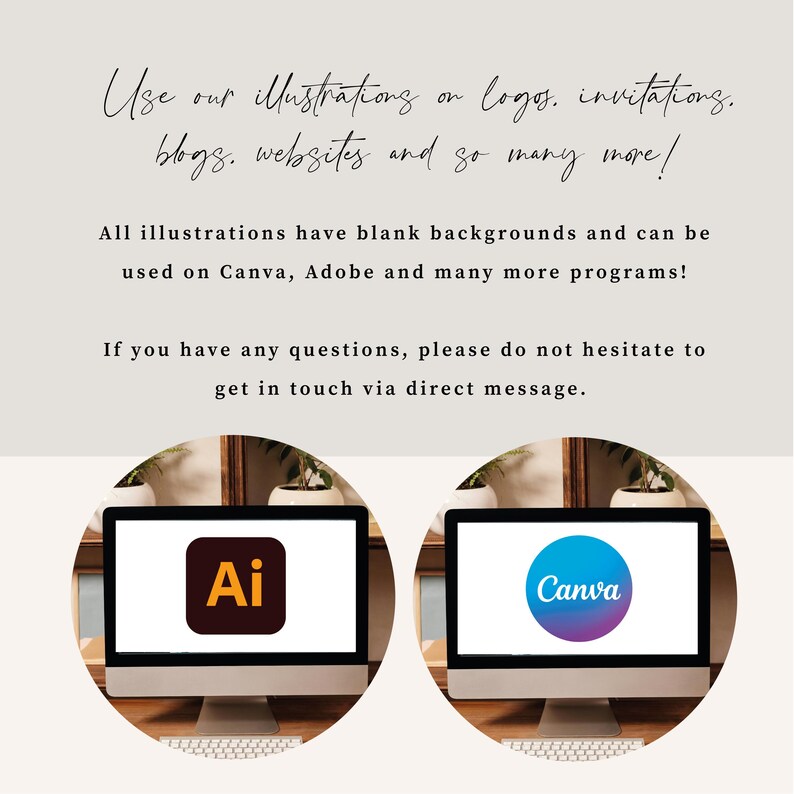 Image showing two computer monitors with the Adobe Illustrator and Canva logos. The text above mentions using the illustrations on logos, invitations, blogs, and websites. The illustrations have blank backgrounds and can be used on Canva and Adobe.