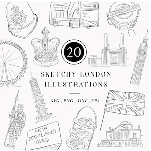 ロンドンのクリップアート、インスタントデジタルダウンロードイラスト、線画クリップアート、クラウンベクター、ロンドンアイ、ビッグベン、手描き商用利用