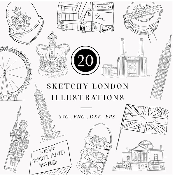 London Clipart, Instant Digital Download Illustration, Line Drawn Clip Art, Crown Vector, London Eye, Big Ben, Hand Drawn Commercial Use