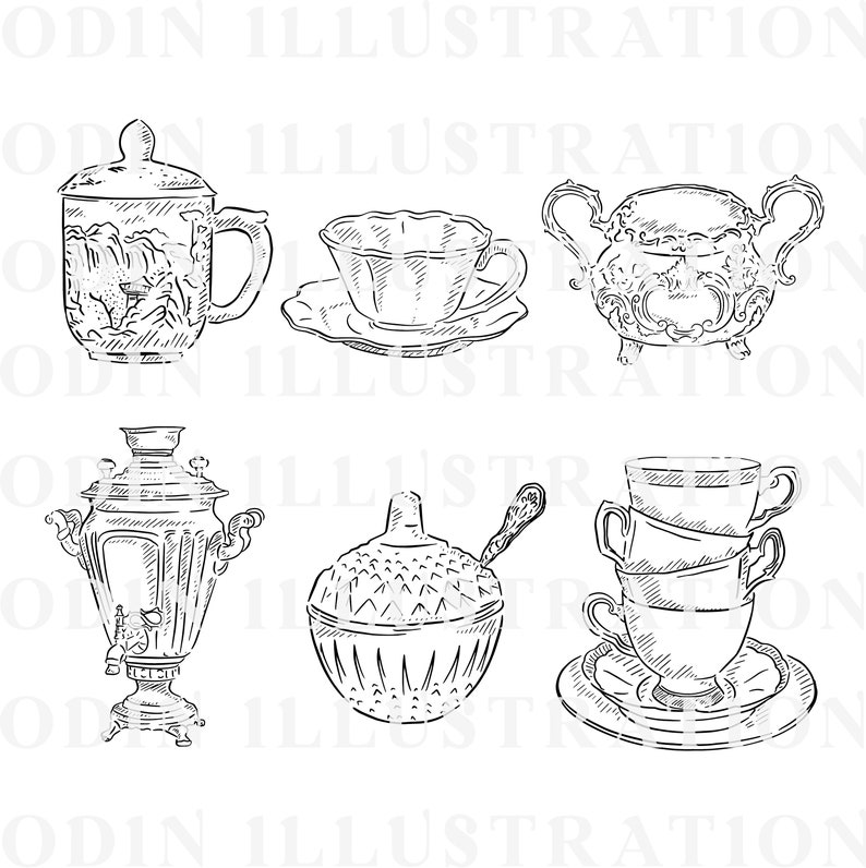 A set of six vintage tea and coffee serving pieces, including a teapot, creamer, sugar bowl, and three cups and saucers. The pieces are all hand-drawn in black and white and feature intricate details.