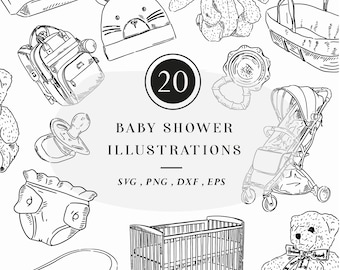 May include: Black and white line art illustrations of baby items, including a diaper bag, pacifier, stroller, crib, teddy bear, and a baby hat. The text reads "Baby Shower Illustrations" with the number "20" in a circle.