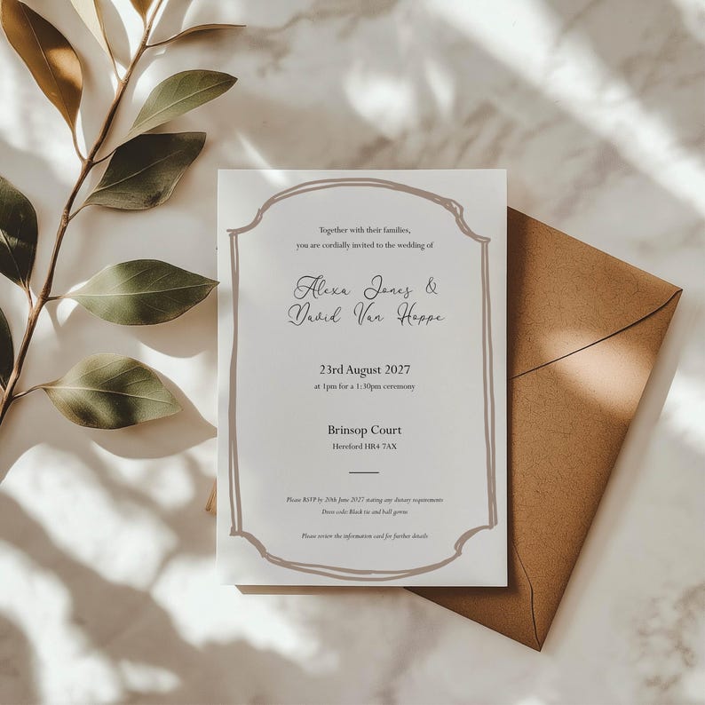 A wedding invitation with a decorative border, featuring the names Alexa Jones & David Van Hoppe, the date 23rd August 2027, and the location Brinsop Court. The invitation is with a brown envelope and foliage.